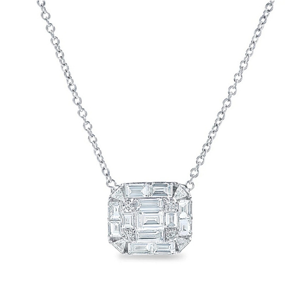 Nicole Rose Round and Baguette Diamond Pendant Necklace in 18K White Gold